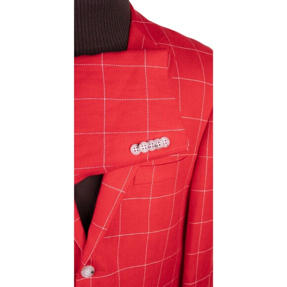 Paul Fredrick Men's 42S Sport Coat Blazer Red Check LINEN 2-Button Casual SLIM - Picture 6 of 13